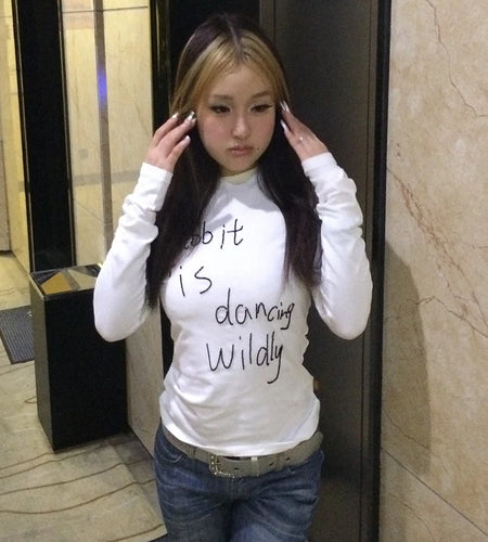 Japanese Y2k Letter Print T-shirt Vintage Harajuku Long Sleeve T Shirts 2000s Aesthetics Whiter Tops American Retro 90s