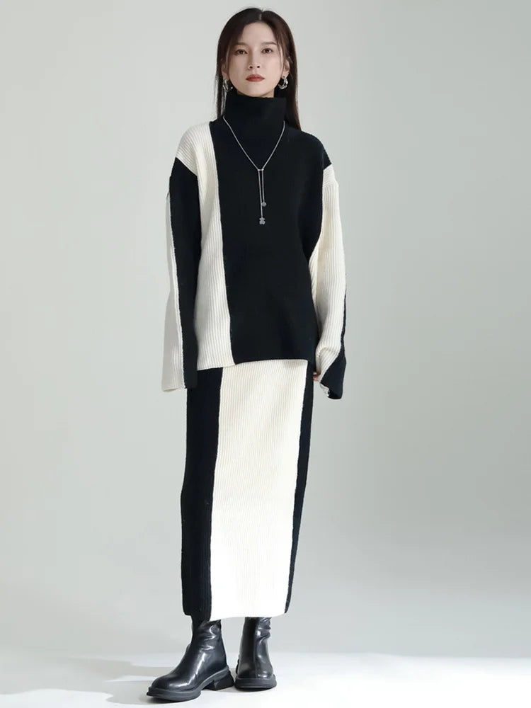 Half-body Skirt Knitting Sweater Big Size Two Pieces Suit New Turtleneck Women Fashion Tide Autumn Winter 2025 1DF2626