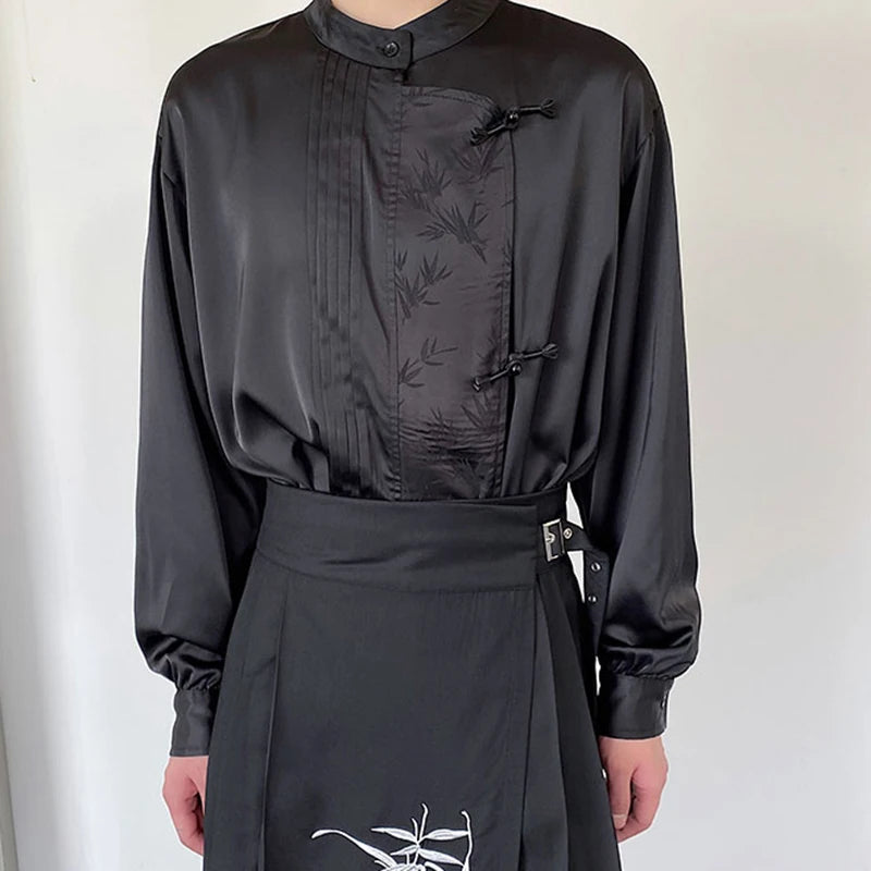 Men's Shirts Long Sleeve New Chinese Style Personalized Stand Collar  Button Design Solid Color Handsome Male Top 9W1789