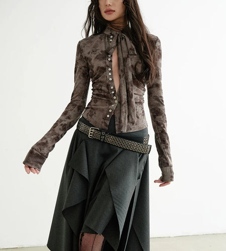 Women Gray Flocking Hollow Out Slim Bandage Bow T-shirt New Round Neck Long Sleeve Fashion Tide Spring Autumn 2025 1DH9347