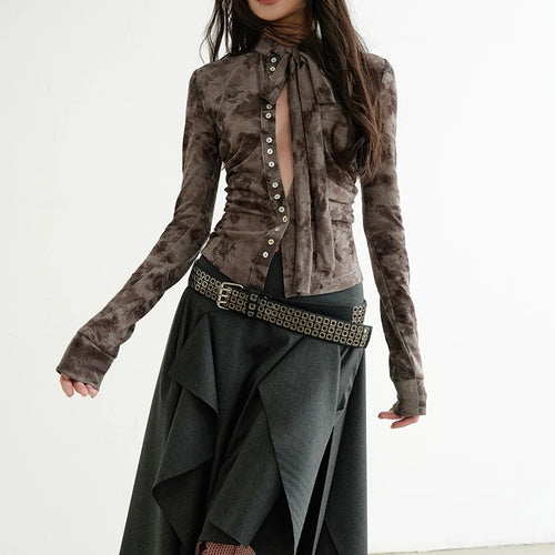 Load image into Gallery viewer, Women Gray Flocking Hollow Out Slim Bandage Bow T-shirt New Round Neck Long Sleeve Fashion Tide Spring Autumn 2025 1DH9347
