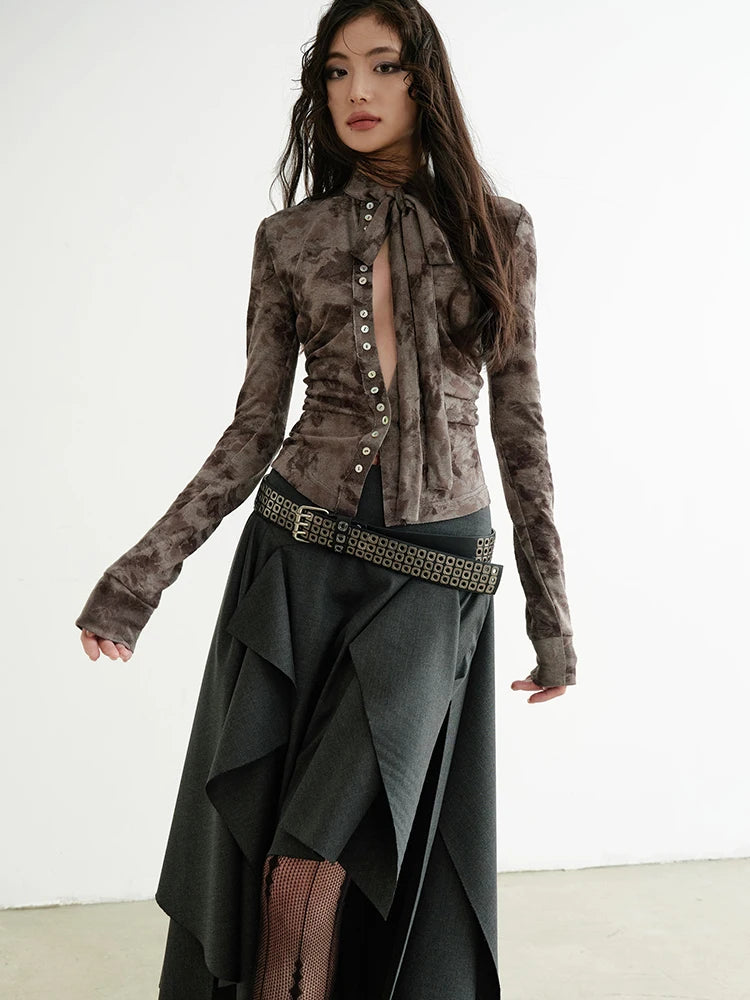 Women Gray Flocking Hollow Out Slim Bandage Bow T-shirt New Round Neck Long Sleeve Fashion Tide Spring Autumn 2025 1DH9347