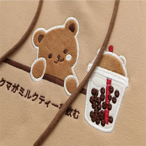 Load image into Gallery viewer, Fleece Harajuku Cartoon Bear Embroidery Casual Hoodies Sweatshirt Women Winter Long Sleeve Patchwork Korean Style Pullover
