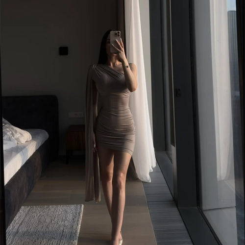 Load image into Gallery viewer, Oblique Shoulder Backless Sexy Mini Dress Women Robe Summer Fashion Irregular Sleeveless High Waist Beach Club Dress
