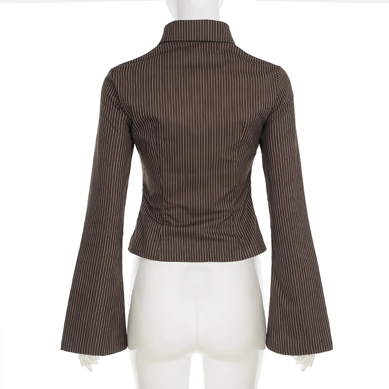Casual Striped Chic Buttons Flare Sleeve Shirts Women Turn Down Collar Slimming Top Minimalism Aesthetics Blouse New