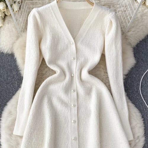 Load image into Gallery viewer, French Fashion Women Solid Single Breasted Elegant V Neck Short Dress Autumn Winter Long Sleeves Knitted Sweater Mini Dress Chic
