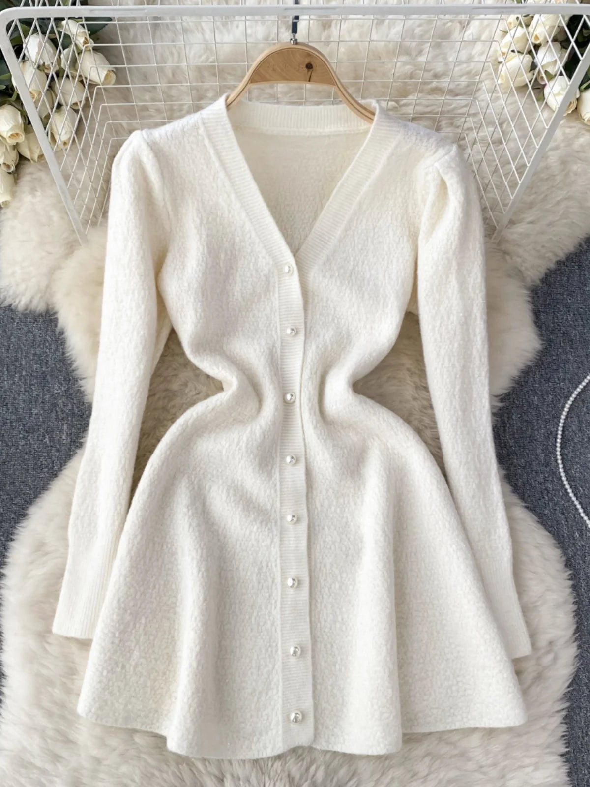 French Fashion Women Solid Single Breasted Elegant V Neck Short Dress Autumn Winter Long Sleeves Knitted Sweater Mini Dress Chic