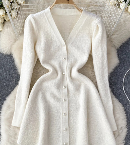 French Fashion Women Solid Single Breasted Elegant V Neck Short Dress Autumn Winter Long Sleeves Knitted Sweater Mini Dress Chic