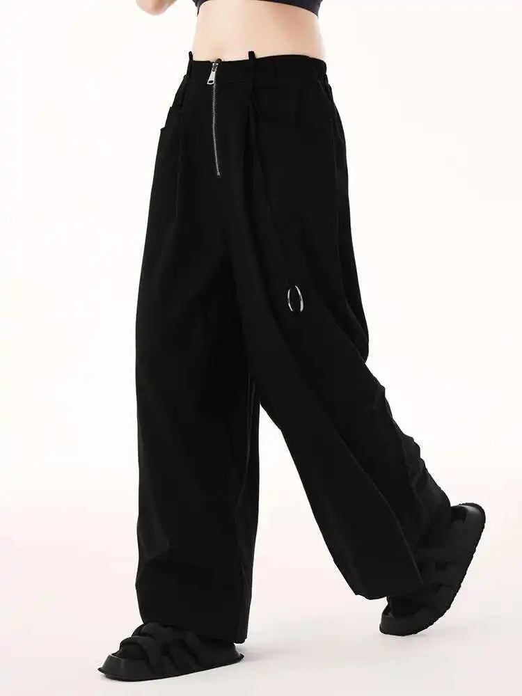 High Elastic Waist Black Pocket String Long Wide Leg Pants New Trousers Women Fashion Tide Spring Autumn 2025 1DH9507
