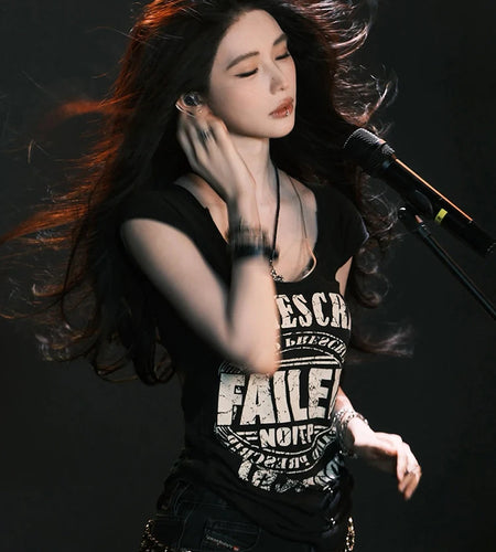 Letter Print t-Shirts Women Low-Neck Snap Sleeves Skinny Hip-Hop Style Summer Hip-Hop Style Daily Versatile Classic Tops