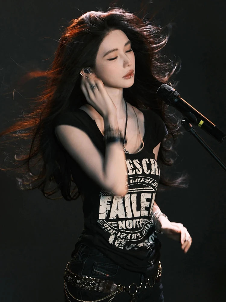 Letter Print t-Shirts Women Low-Neck Snap Sleeves Skinny Hip-Hop Style Summer Hip-Hop Style Daily Versatile Classic Tops