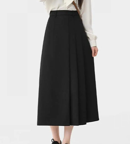 Autumn Winter Vintage New Black Festival Party Woolen A-line Long Skirts Women Grey Elegant High Waist Pleated Skirt Chic Ladies