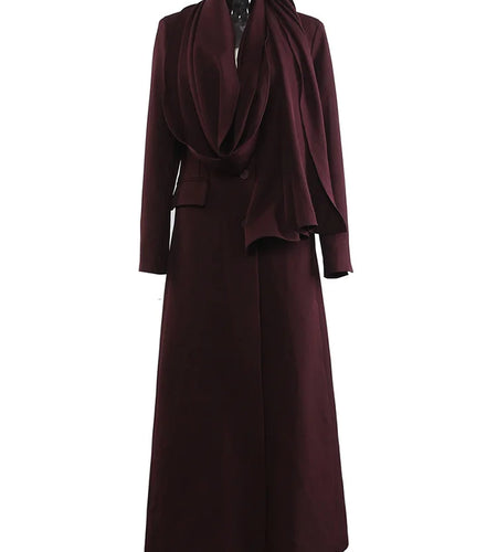 Women Wine Red Big Size Long Elegant Blazer New Scarf Collar Long Sleeve Jacket Fashion Tide Spring Autumn 2025 1DH9826