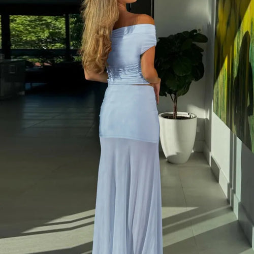 Load image into Gallery viewer, Blue Mesh Sexy Skirt Two Piece Sets Women Strapless Crop Tops And Maxi Skirt Ladies Fashion Elegant 2 Piece Sets
