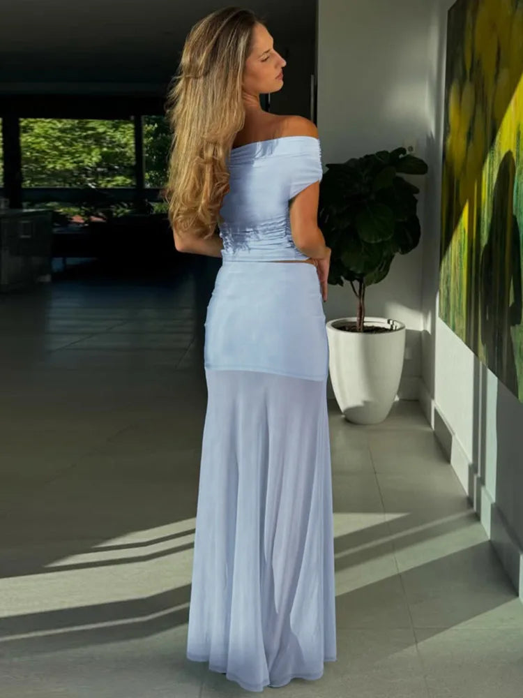 Blue Mesh Sexy Skirt Two Piece Sets Women Strapless Crop Tops And Maxi Skirt Ladies Fashion Elegant 2 Piece Sets