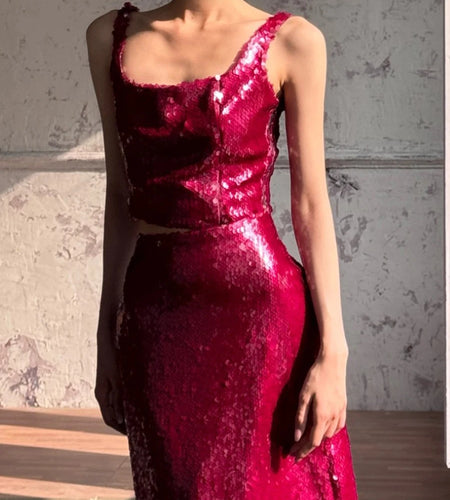Slimming Spliced Sequins Two Piece Sets for Women Square Neck Sleeveless Top High Waist Skirt Temperament Set Female