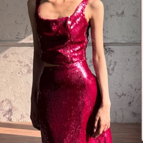 Load image into Gallery viewer, Slimming Spliced Sequins Two Piece Sets for Women Square Neck Sleeveless Top High Waist Skirt Temperament Set Female
