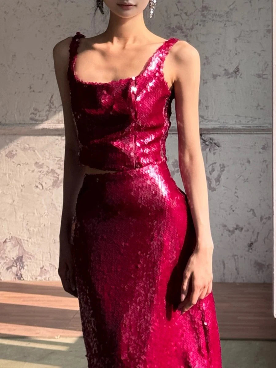 Slimming Spliced Sequins Two Piece Sets for Women Square Neck Sleeveless Top High Waist Skirt Temperament Set Female