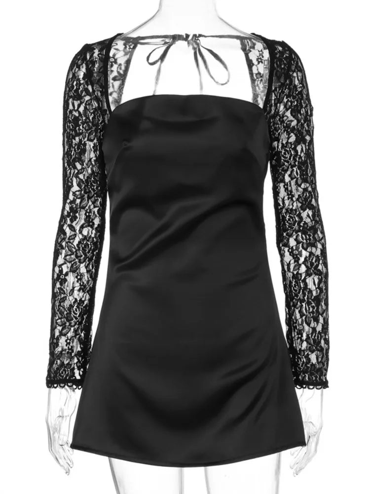 Lace Long Sleeve Sexy Mini Dress For Women Robe Square Collar Backless A-line High Waist Club Party Sexy Dress Fashion