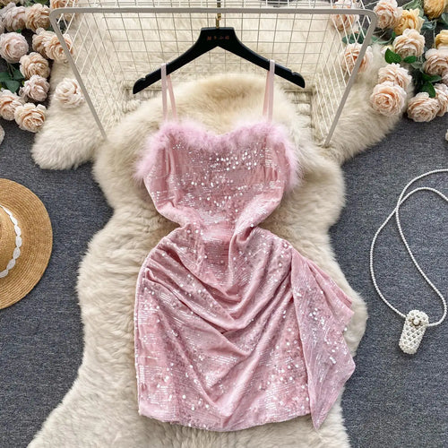Load image into Gallery viewer, Beige Sexy Club Sequins Furry Slip Dress Black Off Shoulder Backless Fashion Women Slim Autumn Birthday Party Pink Mini Dresses
