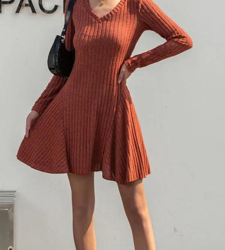 Autumn Winter Korean Trend Orange V Neck Sexy Elegant Slim Long Sleeve Short Dress Women Retro Knitted Mini Dress Popular Casual