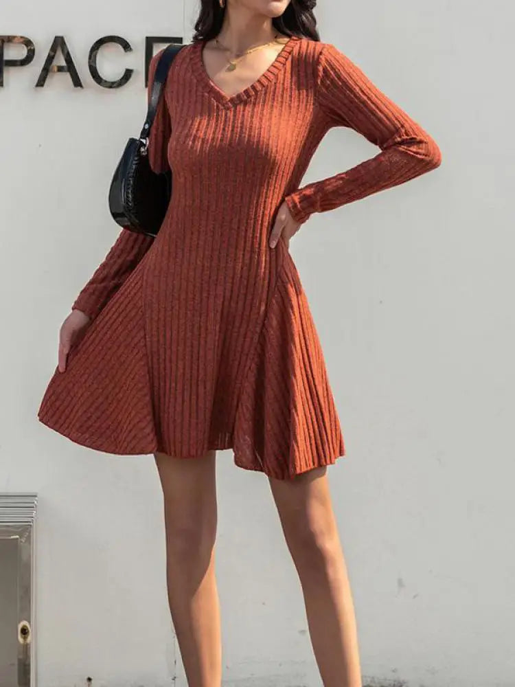 Autumn Winter Korean Trend Orange V Neck Sexy Elegant Slim Long Sleeve Short Dress Women Retro Knitted Mini Dress Popular Casual