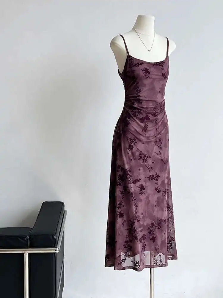 Women Brown Printed Vintage Long Spaghetti Strap Dress New Round Neck Sleeveless Fashion Tide Spring Summer 2025 1DJ0289