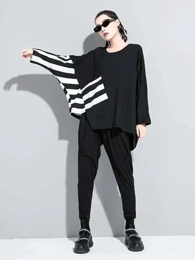 Women Black Striped Irregular Big Size Casual T-shirt New Round Neck Long Sleeve Fashion Tide Spring Autumn 2025 1DF5282