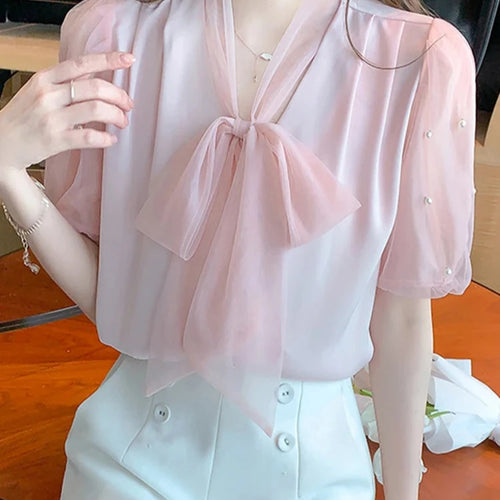 Load image into Gallery viewer, Pure Color Puff Sleeve Female Blouses Office Lady Bow Lace-up Mesh Slim Summer Women&#39;s Blouse Elegant Fashion Workwear
