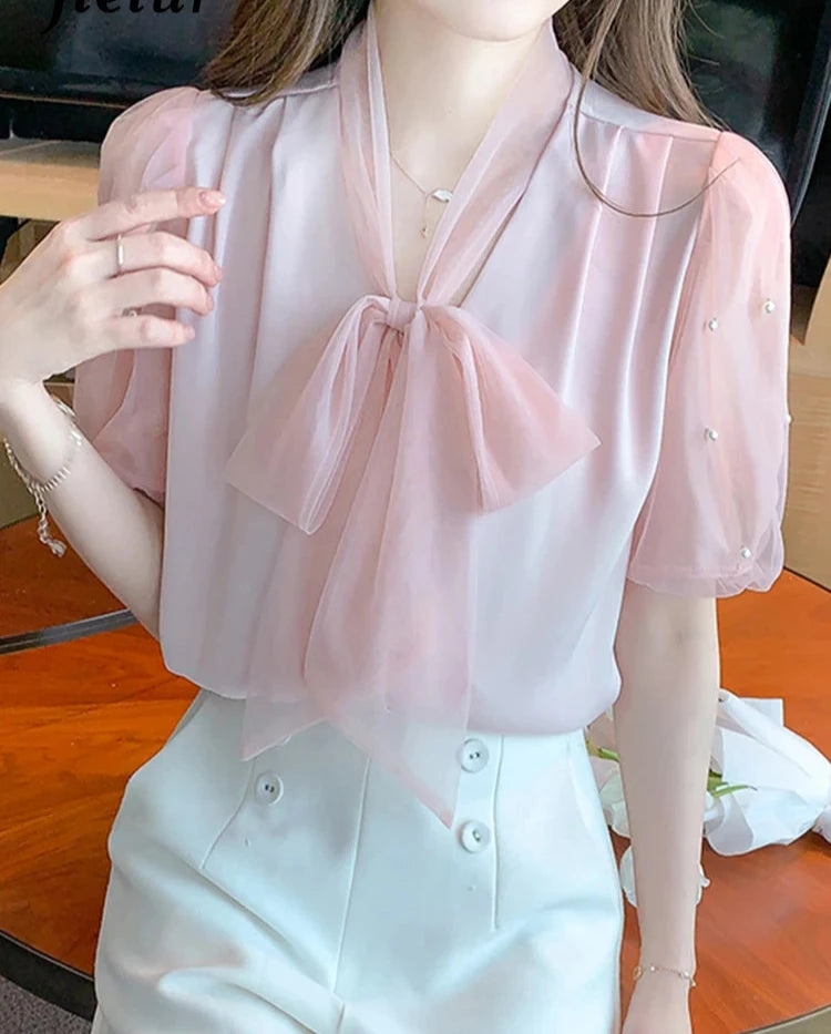 Pure Color Puff Sleeve Female Blouses Office Lady Bow Lace-up Mesh Slim Summer Women's Blouse Elegant Fashion Workwear