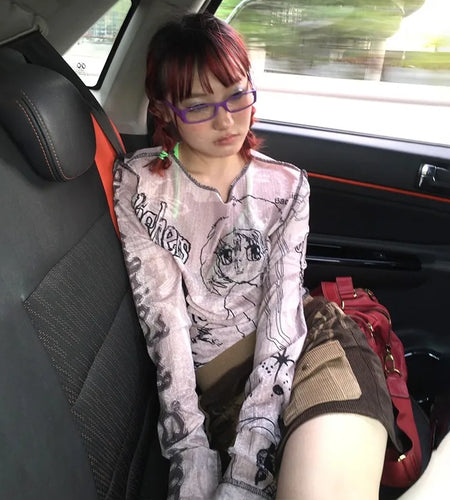 Japanese Y2k Graffiti Print Tops Vintage Harajuku Anime Long Sleeve T-shirt 2000s Aesthetics Grunge Tee American Retro