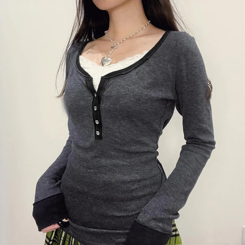 Vintage Lace Stitched Autumn T shirt Women Buttons Slim Y2K Clothes Korean Fashion Pullover Long Sleeve Tee Contrast