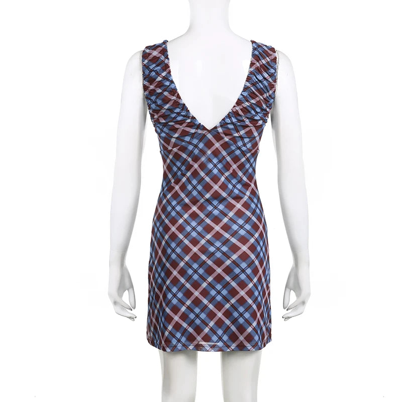 V Neck Plaid Shirring Vintage Mesh Dress Sleeveless Korean Fashion Y2K Ruched Summer Dress Double Layer Party Clothes