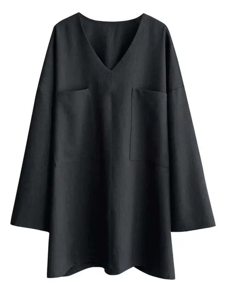 Women Gray Double Pocket Big Size Elegant Mini Dress New V--Neck Long Sleeve Fashion Tide Spring Autumn 2025 1DH7310