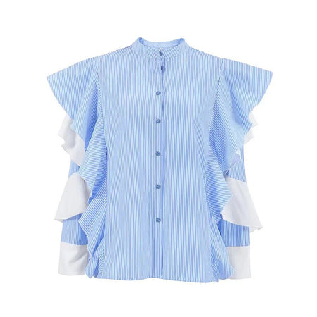 Colorblock Striped Casual Blouses For Women Stand Collar Butterfly Sleeve Spliced Single Breasted Shirt Female