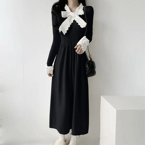 Load image into Gallery viewer, Korean Retro 2024 New Women Black Beige Patchwork Lace Holiday Pleated Dress Autumn Winter Red Bow Bandage Knitted Dress Popular
