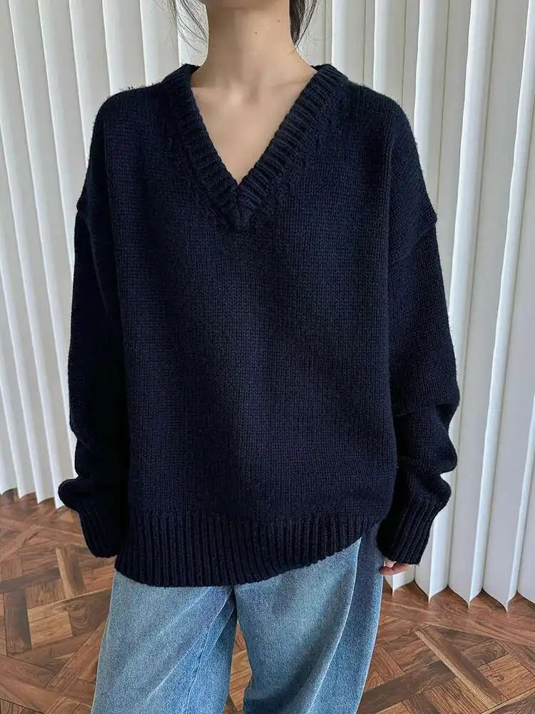 50% Wool Thick Big Size Knitting Sweater V-Neck Long Sleeve Women Pullovers New Fashion Tide Spring Autumn 2025 1DH7319