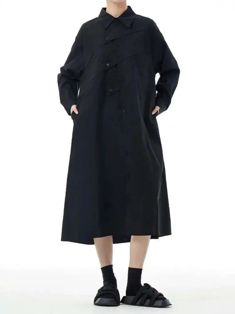 Women Rose Red Button Design Big Size Midi Shirt Dress New Lapel Long Sleeve Fashion Tide Spring Autumn 2025 1DH5165