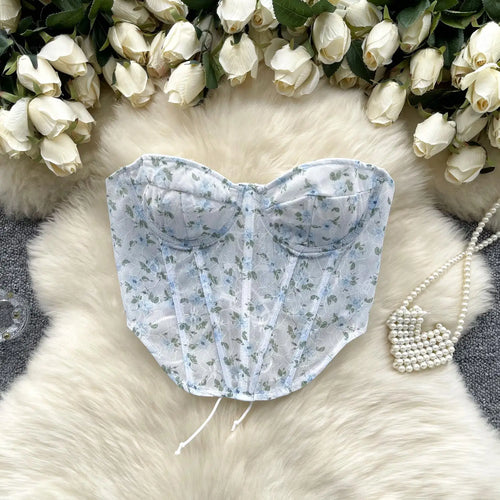 Load image into Gallery viewer, French Vintage Bohemian Summer Elegant Print Sexy Club Strapless Lace-up Short Tops Women Backless Fashion Irregular Clothes New
