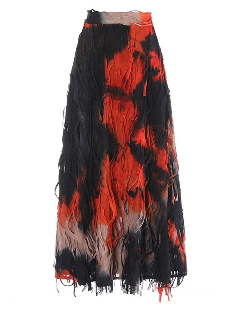 High Elastic Waist Orange Tie Dye Irregular A-line Half-body Skirt Women Fashion Tide New Spring Autumn 2025 1DH5392