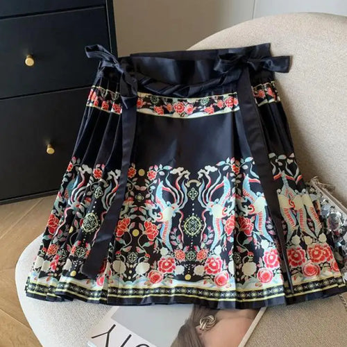 Load image into Gallery viewer, Spring Chinese Style Improved Printed Bandage Mini Skirt Women High Waist Slim A-line Pleated Horse Face Short Skirts Versatile
