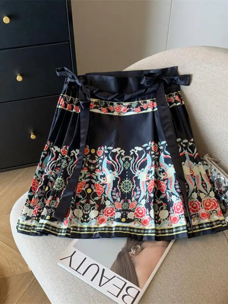 Spring Chinese Style Improved Printed Bandage Mini Skirt Women High Waist Slim A-line Pleated Horse Face Short Skirts Versatile