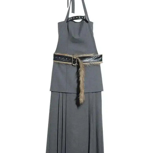 Load image into Gallery viewer, Women Geay Leather Hem Pleated Wool Belt Long Elegant Dress New Halter Sleeveless Fashion Tide Spring Autumn 2025 1DH7227
