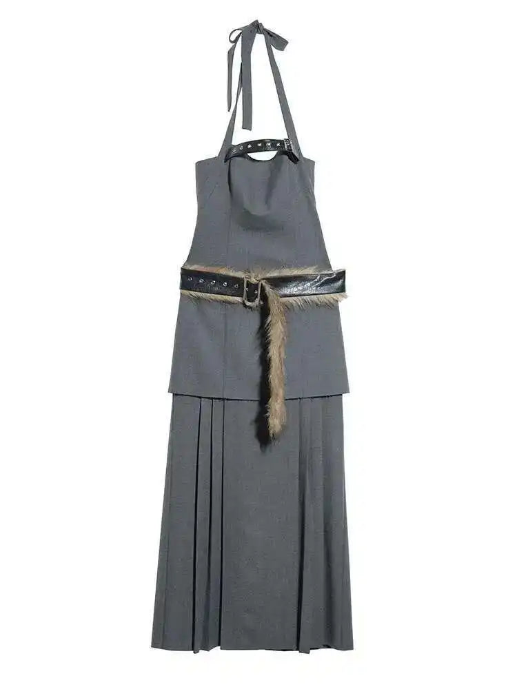 Women Geay Leather Hem Pleated Wool Belt Long Elegant Dress New Halter Sleeveless Fashion Tide Spring Autumn 2025 1DH7227