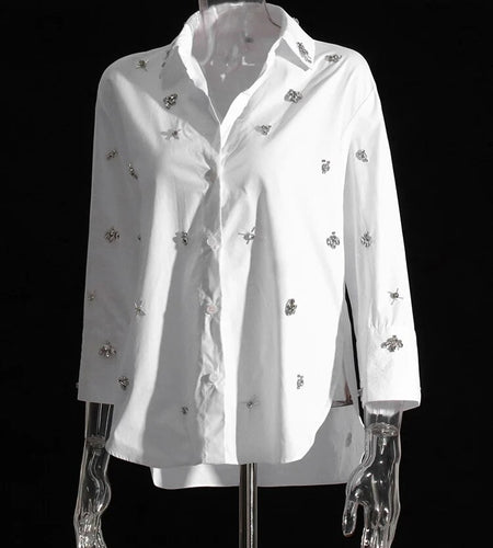 Solid Temperament Shirt For Women Lapel Long Sleeve Patchwork Dimonds Casual Loose Blouse Female Fashion Clothing