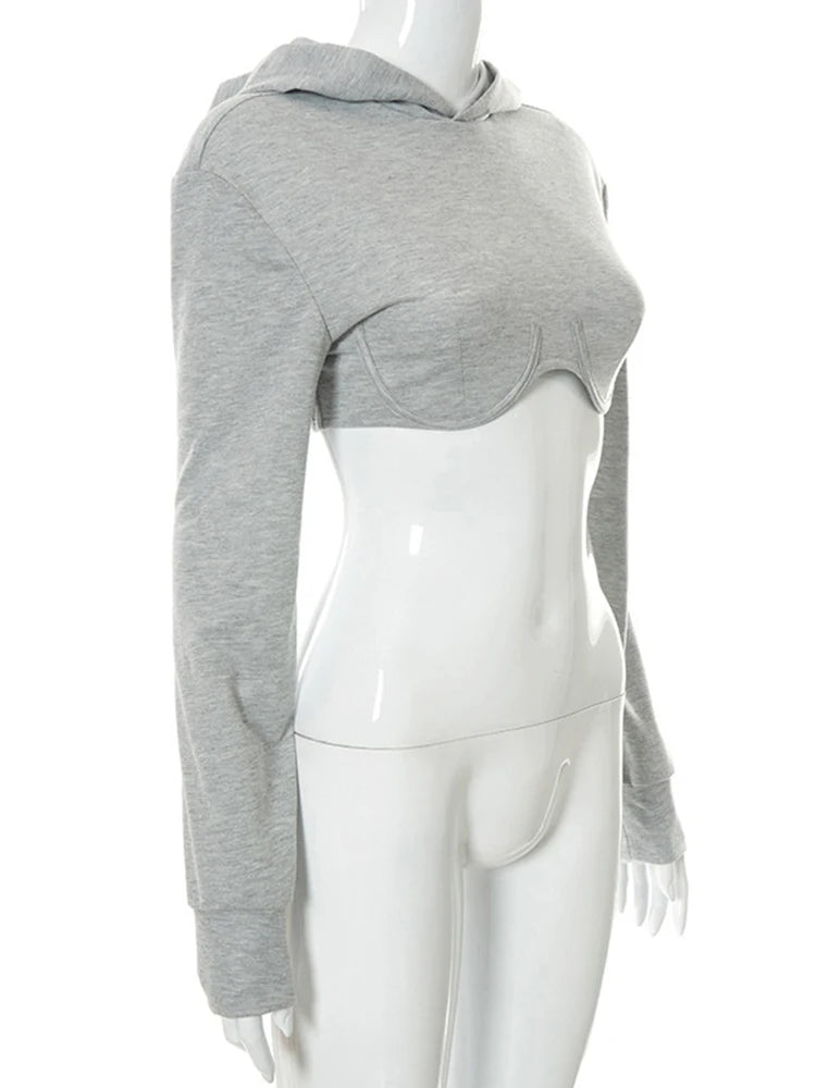 Sexy Gray Short Sweatshirt For Women Hooded Collar Long Sleeve Casual Sweatshirts Female Fashion New Clothing 2022
