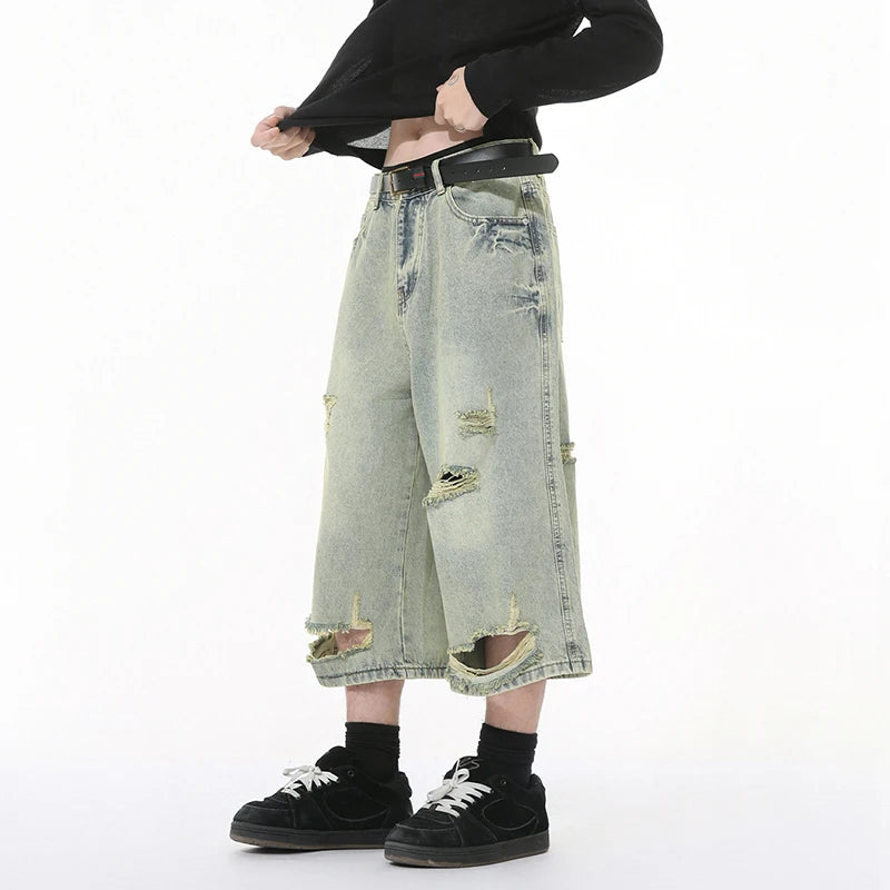 High Street Men's Denim Shorts Irregular Holes Design Solid Color Straight Trousers Wide Leg Summer Male Jeans New 9W1272