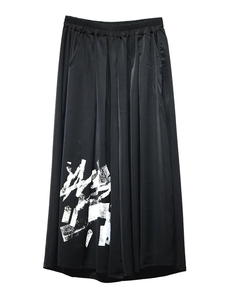 High Elastic Waist Black Pattern Printed Long Wide Leg Pants New Trousers Women Fashion Tide Spring Autumn 2025 1DJ0899