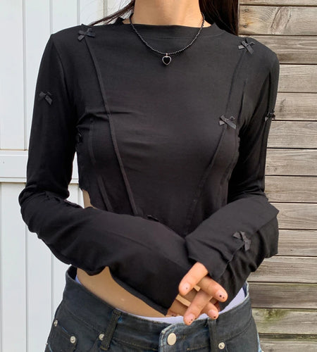 Korean Fashion Bow Long Sleeve Tee Shirts Basic Slim Women Crop Tops Cute Stitched Asymmetrical Autumn T-shirts Chic