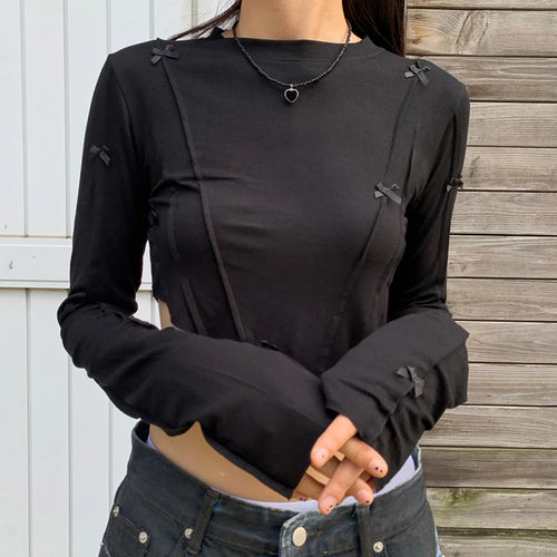 Load image into Gallery viewer, Korean Fashion Bow Long Sleeve Tee Shirts Basic Slim Women Crop Tops Cute Stitched Asymmetrical Autumn T-shirts Chic
